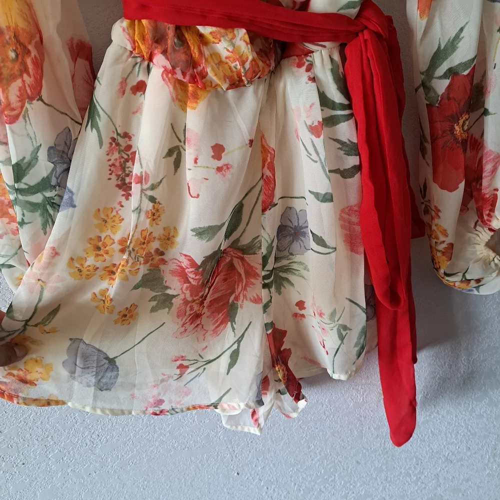 Fashion Nova Cream Floral Jumpsuit with Red Belt - Picture 4 of 5